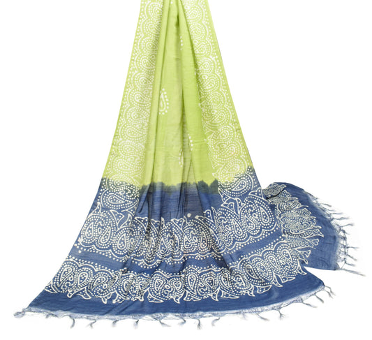 Sushila Vintage Batik Printed Dupatta Green Blue Art Cotton Silk Soft Long Stole