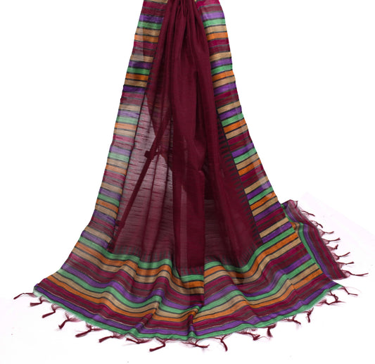 Sushila Vintage Maroon Dupatta with MultiColor Edges Art Cotton Woven Long Stole