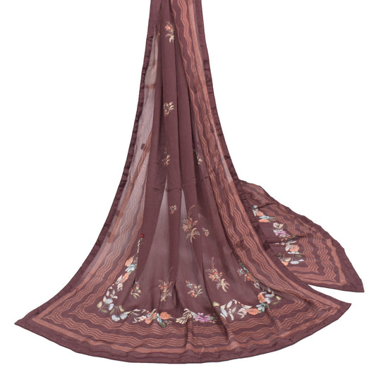 Sushila Vintage Brown Dupatta 100%Pure Chiffon Digital Printed Floral Long Stole