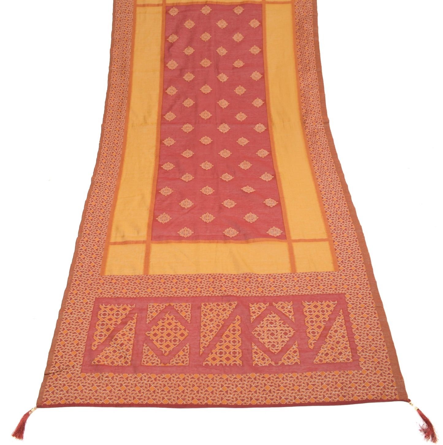 Sushila Vintage Mustard & Maroon Dupatta Geometrical Woven Pure Cotton LongStole