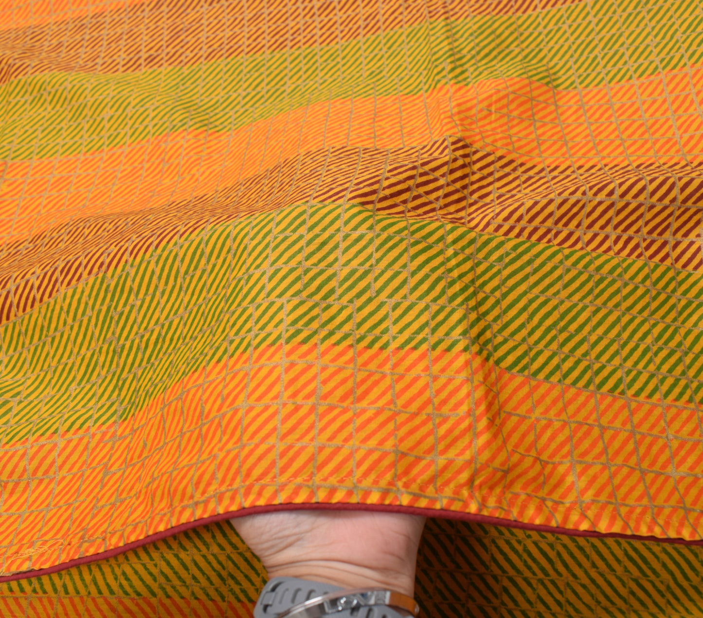 Sushila Vintage Yellow Dupatta 100% Pure Cotton Stripes Hand Printed Long Stole