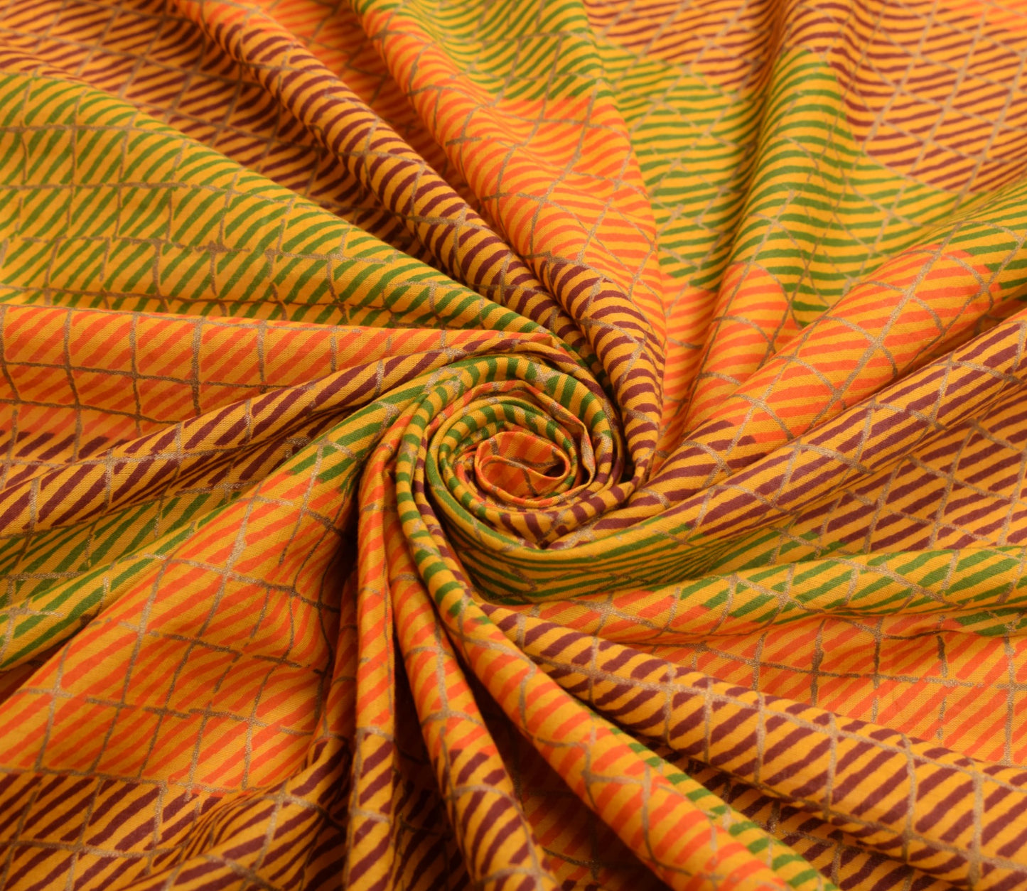 Sushila Vintage Yellow Dupatta 100% Pure Cotton Stripes Hand Printed Long Stole