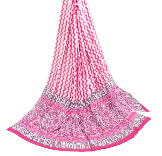 Sushila Vintage White Pink Dupatta Printed Zig-Zag 100% Pure Cotton Long Stole