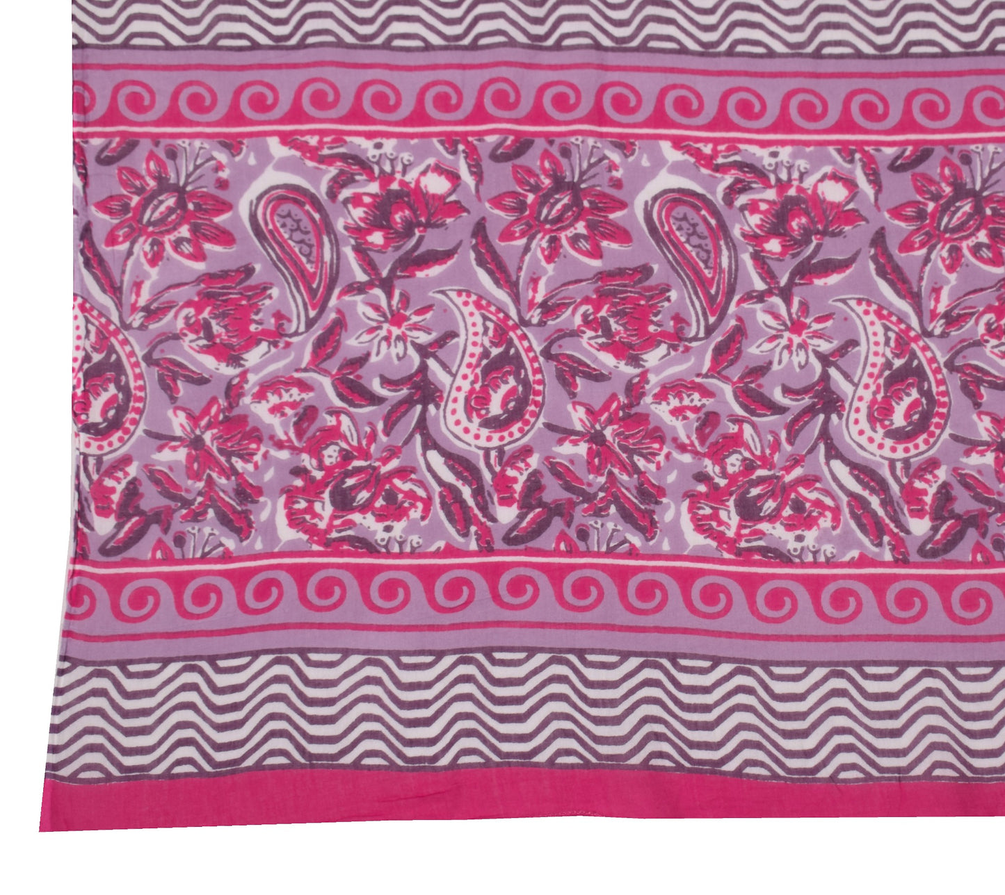 Sushila Vintage White Pink Dupatta Printed Zig-Zag 100% Pure Cotton Long Stole