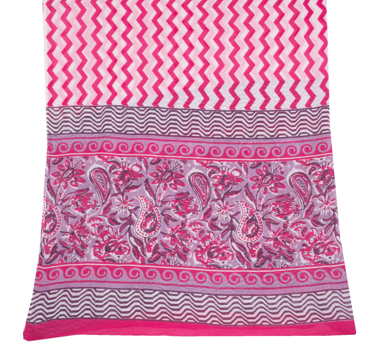 Sushila Vintage White Pink Dupatta Printed Zig-Zag 100% Pure Cotton Long Stole