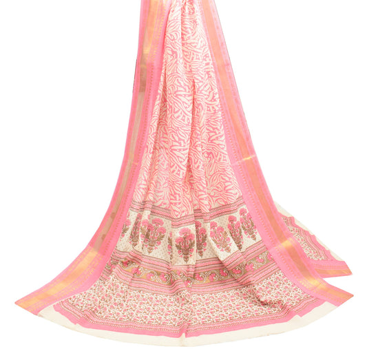 Sushila Vintage Cream Pink Dupatta Hand Block Printed & Woven Border Long Stole