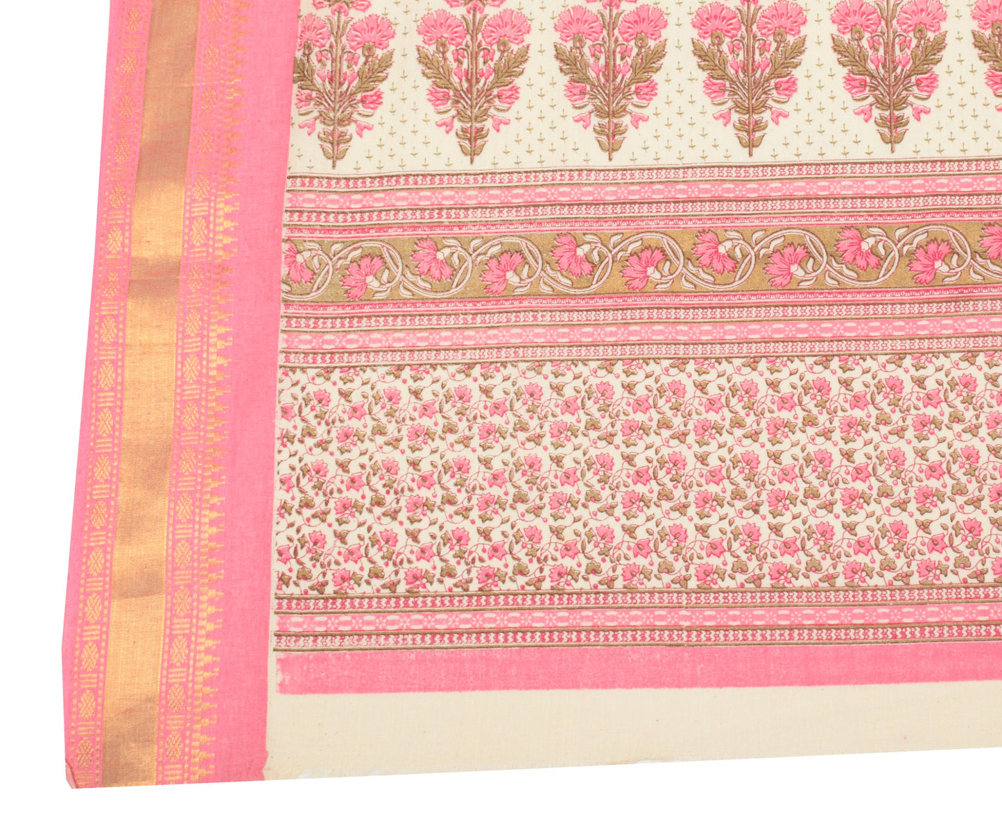 Sushila Vintage Cream Pink Dupatta Hand Block Printed & Woven Border Long Stole