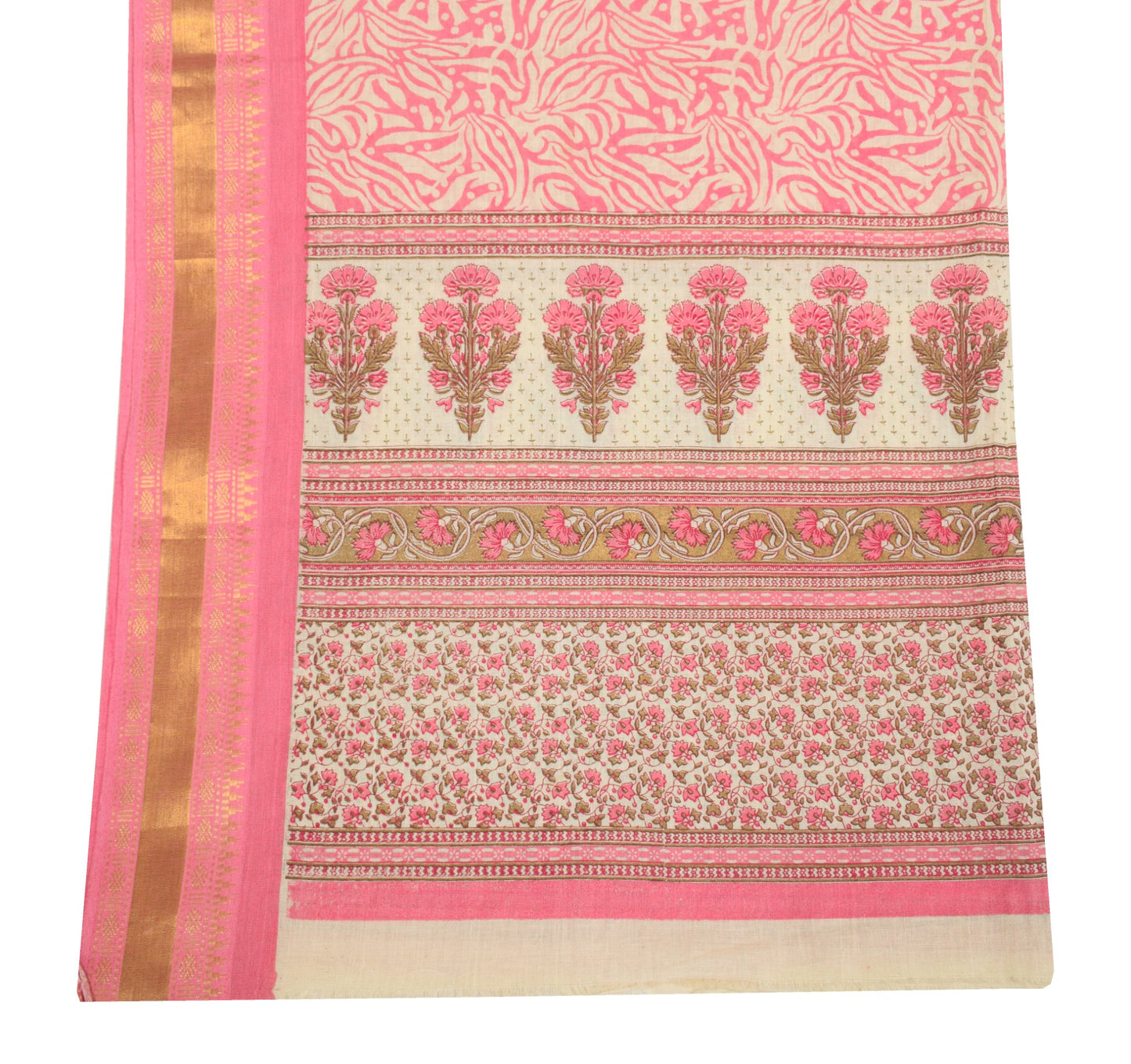 Sushila Vintage Cream Pink Dupatta Hand Block Printed & Woven Border Long Stole