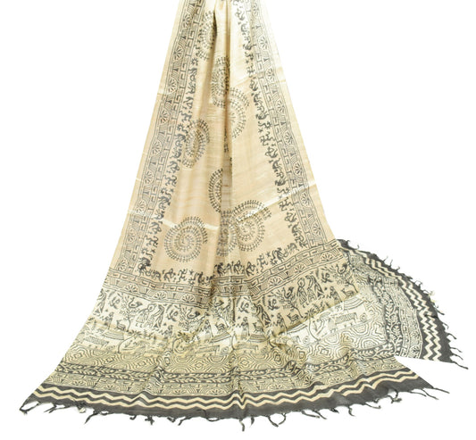 Sushila Vintage Pure Rayon Dupatta Warli Printed Cream Handmade Long Stole Wrap