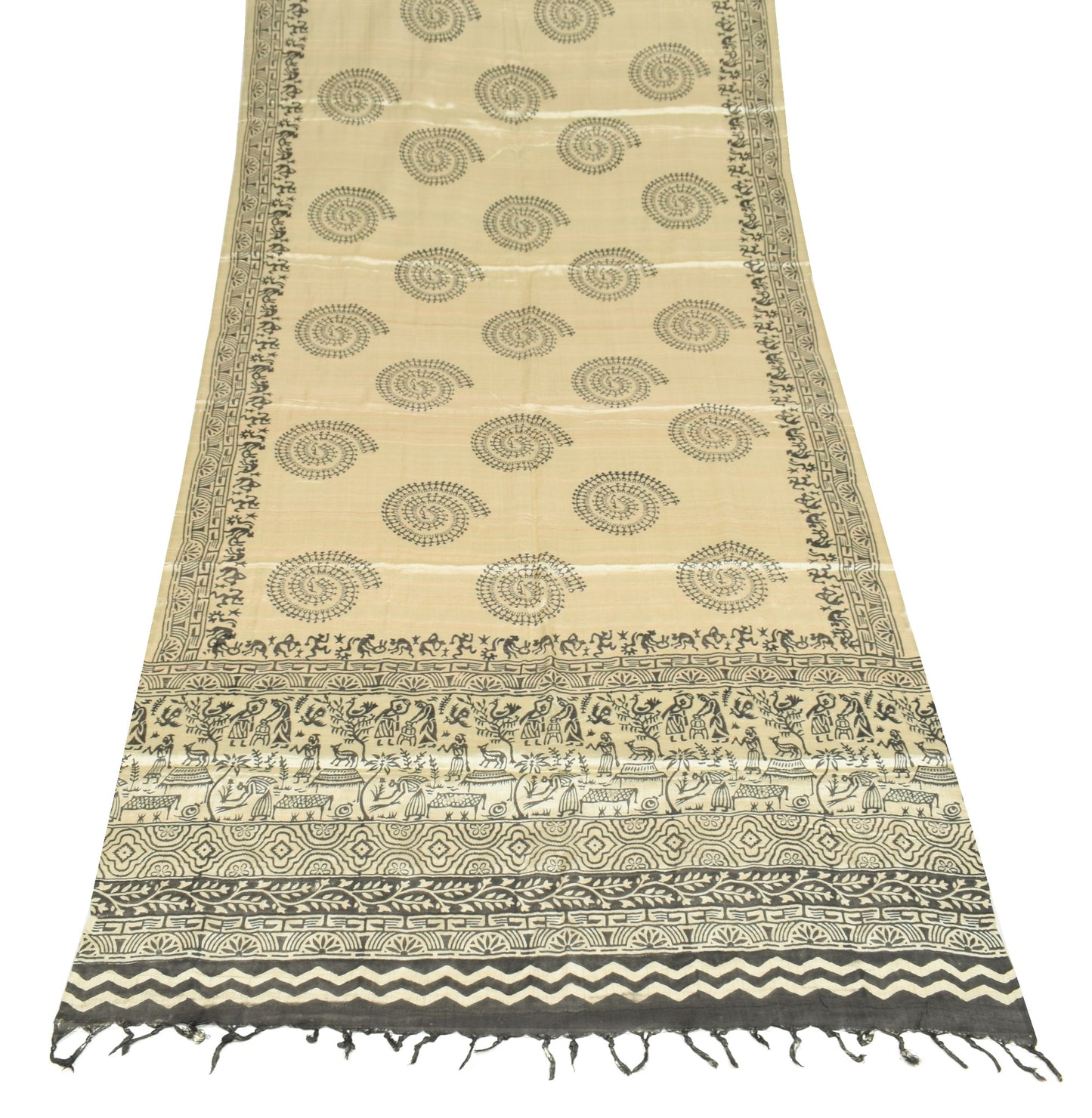 Sushila Vintage Pure Rayon Dupatta Warli Printed Cream Handmade Long Stole Wrap