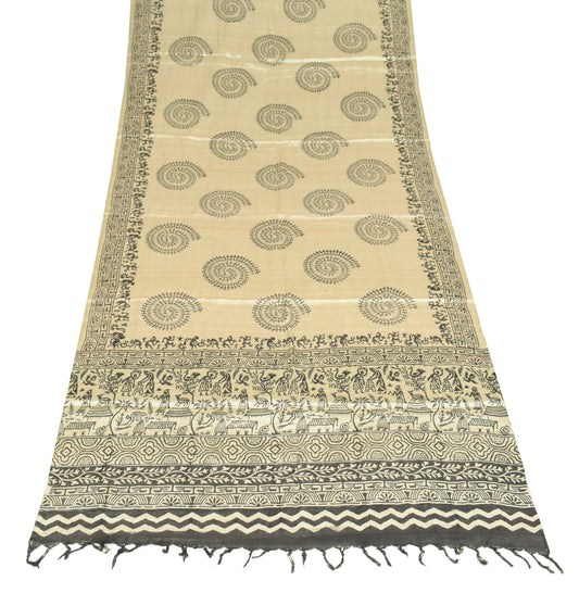 Sushila Vintage Pure Rayon Dupatta Warli Printed Cream Handmade Long Stole Wrap