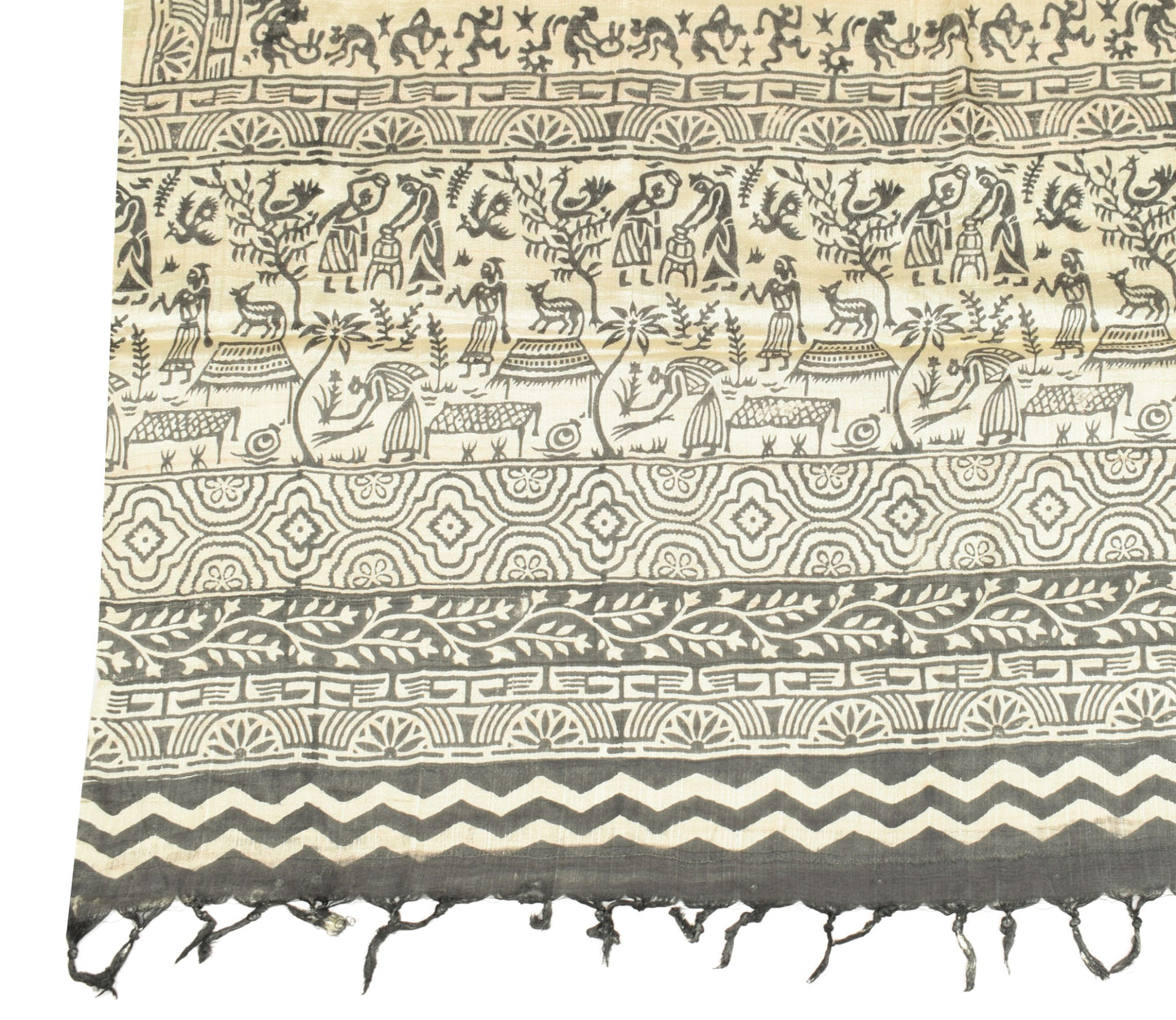 Sushila Vintage Pure Rayon Dupatta Warli Printed Cream Handmade Long Stole Wrap