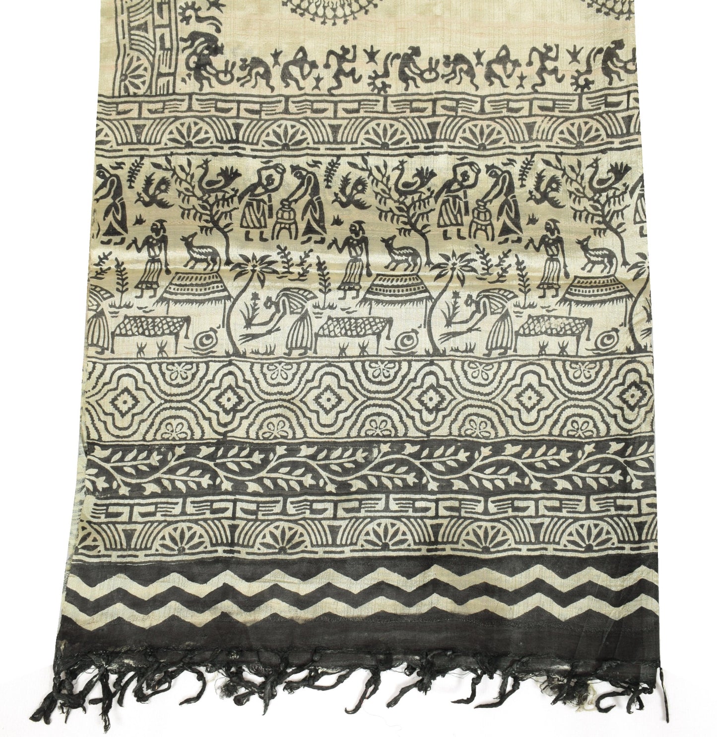 Sushila Vintage Pure Rayon Dupatta Warli Printed Cream Handmade Long Stole Wrap