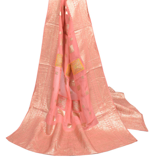 Sushila Vintage Peach Dupatta Pure Silk Banarasi Brocade Woven Long Stole