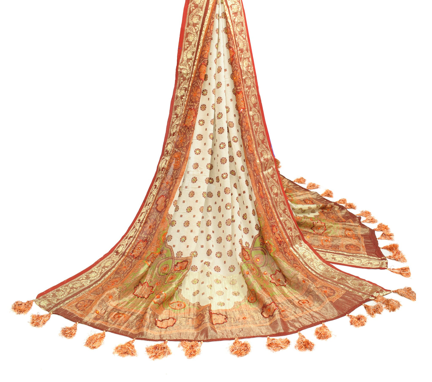 Sushila Vintage Cream Dupatta Pure Georgette Printed & Zari Brocade  Long Stole