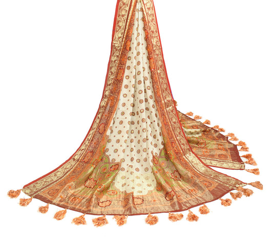 Sushila Vintage Cream Dupatta Pure Georgette Printed & Zari Brocade  Long Stole