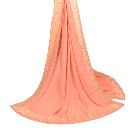 Sushila Vintage Peach Dupatta With Floral Woven Border Pure Chiffon Long Stole