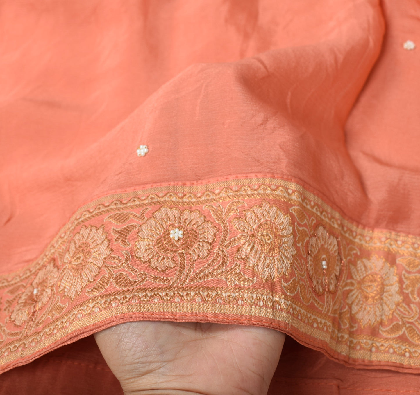 Sushila Vintage Peach Dupatta With Floral Woven Border Pure Chiffon Long Stole