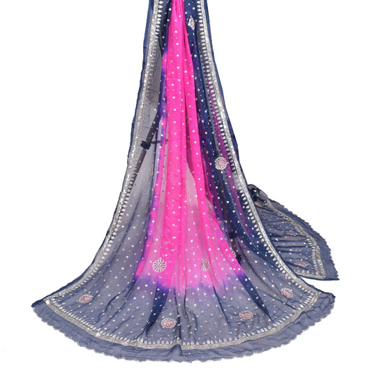 Sushila Vintage Magenta Blue Dupatta Pure Chiffon Embroidered Floral Long Stole
