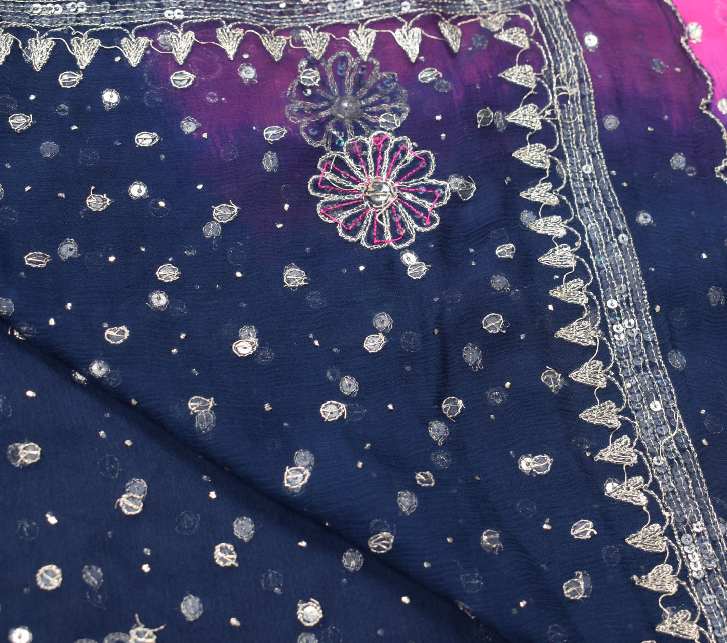 Sushila Vintage Magenta Blue Dupatta Pure Chiffon Embroidered Floral Long Stole