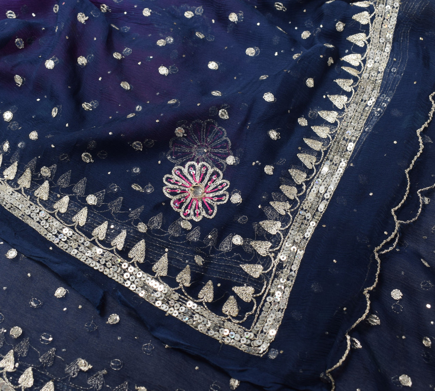 Sushila Vintage Magenta Blue Dupatta Pure Chiffon Embroidered Floral Long Stole