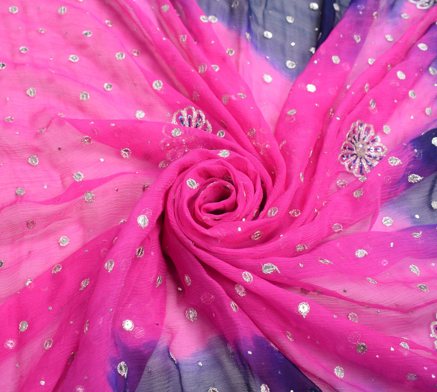 Sushila Vintage Magenta Blue Dupatta Pure Chiffon Embroidered Floral Long Stole