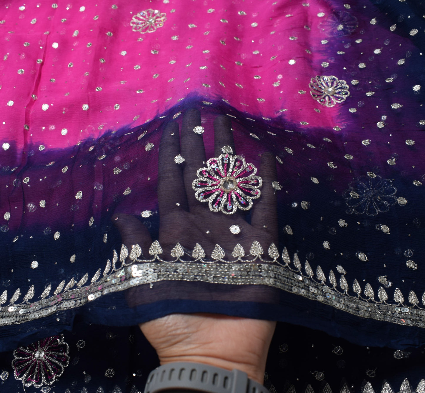 Sushila Vintage Magenta Blue Dupatta Pure Chiffon Embroidered Floral Long Stole
