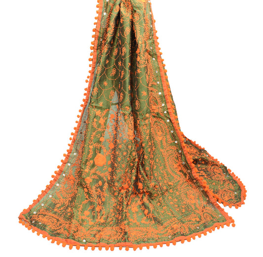 Sushila Vintage Heavy OOAK Dupatta Art Silk Handmade Phulkari Green Long Stole