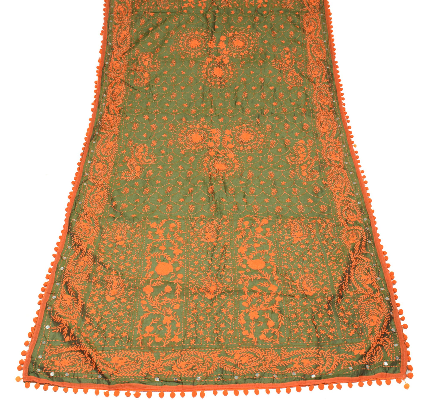 Sushila Vintage Heavy OOAK Dupatta Art Silk Handmade Phulkari Green Long Stole