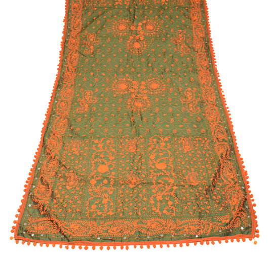 Sushila Vintage Heavy OOAK Dupatta Art Silk Handmade Phulkari Green Long Stole