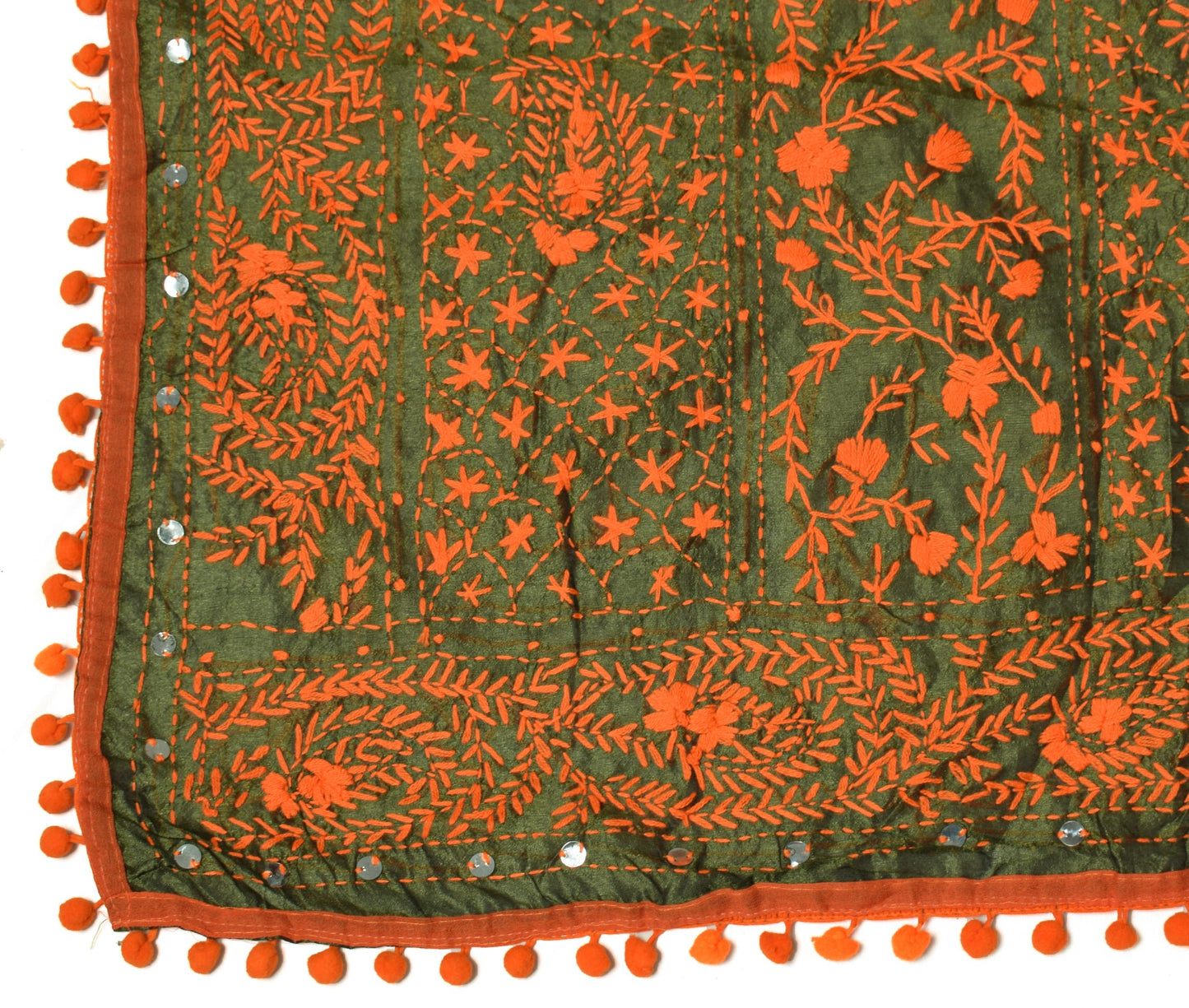 Sushila Vintage Heavy OOAK Dupatta Art Silk Handmade Phulkari Green Long Stole