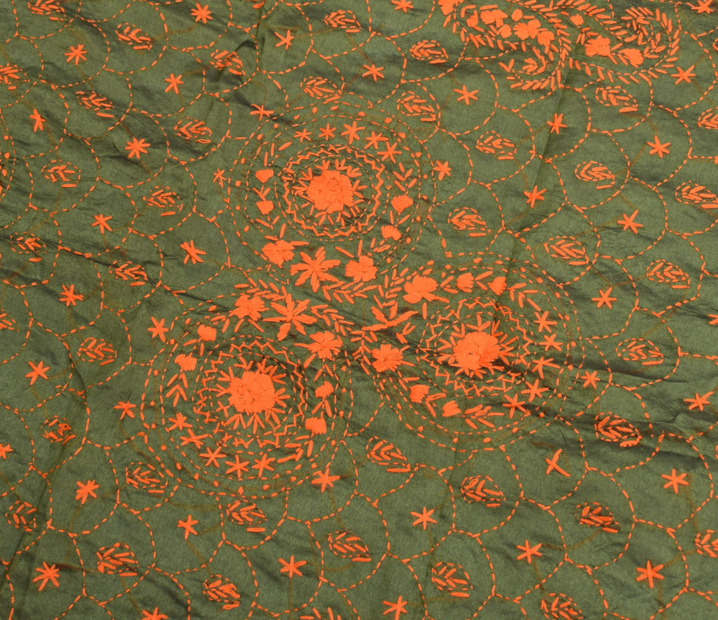 Sushila Vintage Heavy OOAK Dupatta Art Silk Handmade Phulkari Green Long Stole