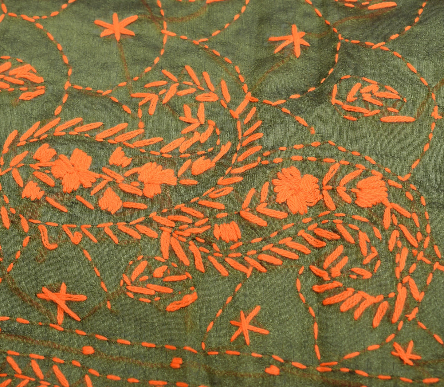 Sushila Vintage Heavy OOAK Dupatta Art Silk Handmade Phulkari Green Long Stole