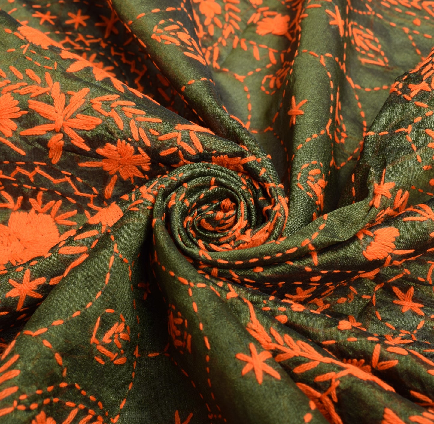 Sushila Vintage Heavy OOAK Dupatta Art Silk Handmade Phulkari Green Long Stole