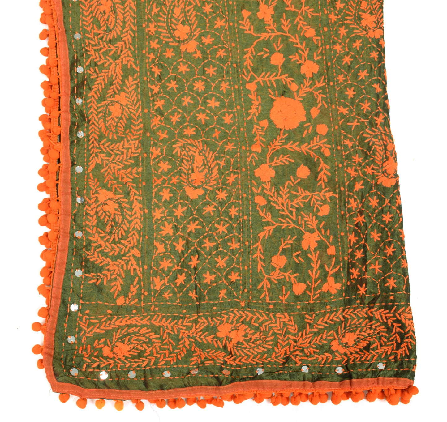 Sushila Vintage Heavy OOAK Dupatta Art Silk Handmade Phulkari Green Long Stole