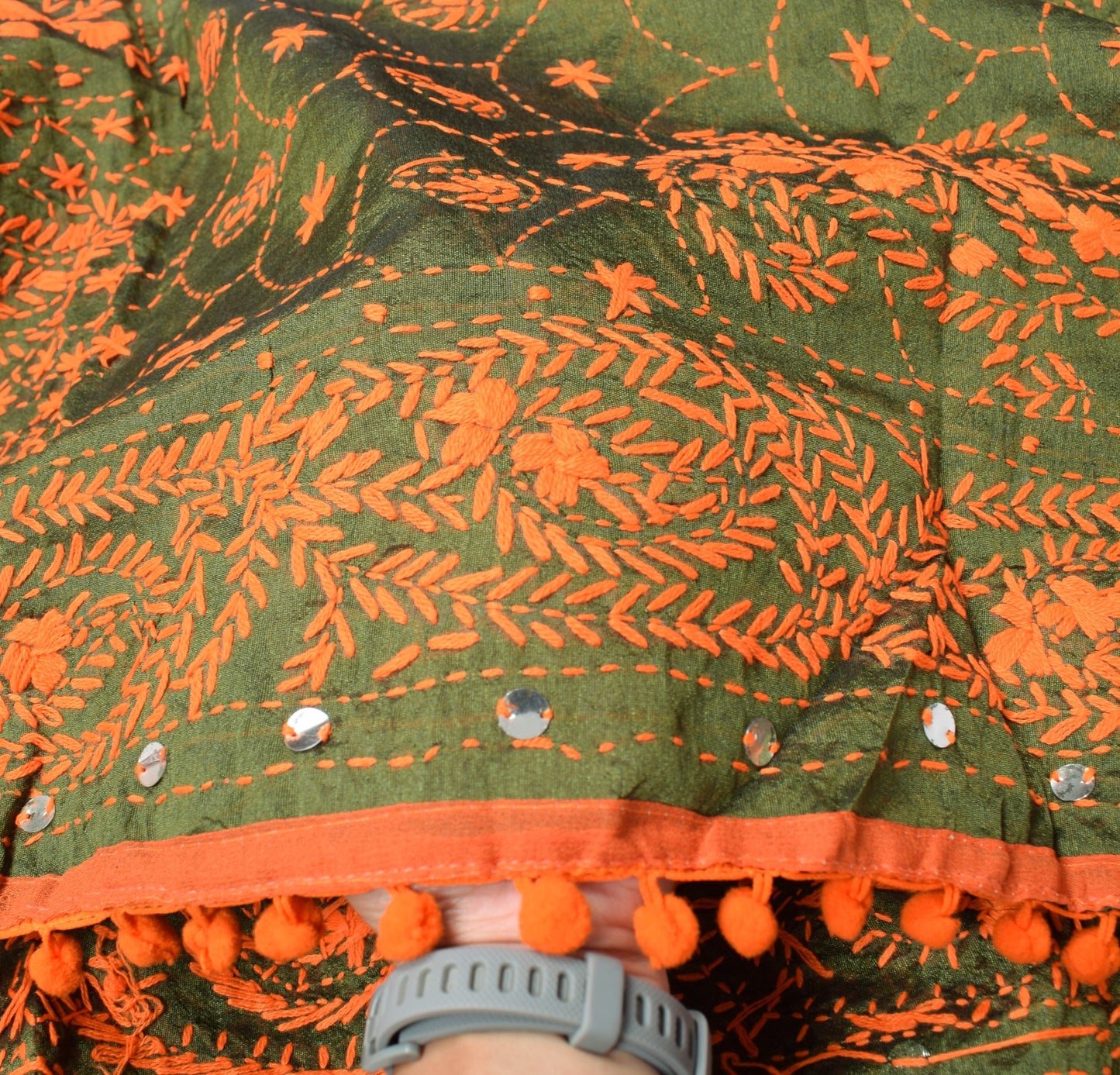 Sushila Vintage Heavy OOAK Dupatta Art Silk Handmade Phulkari Green Long Stole