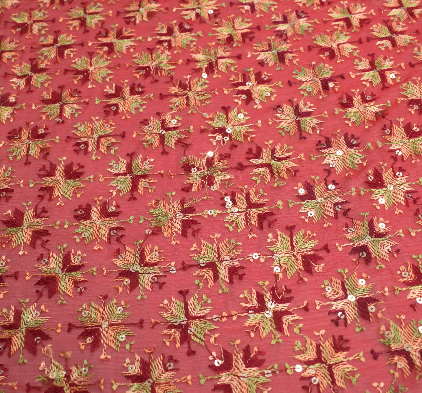 Sushila Vintage Maroon Dupatta Art Chiffon Silk Bagh Phulkari HRAVY Long Stole