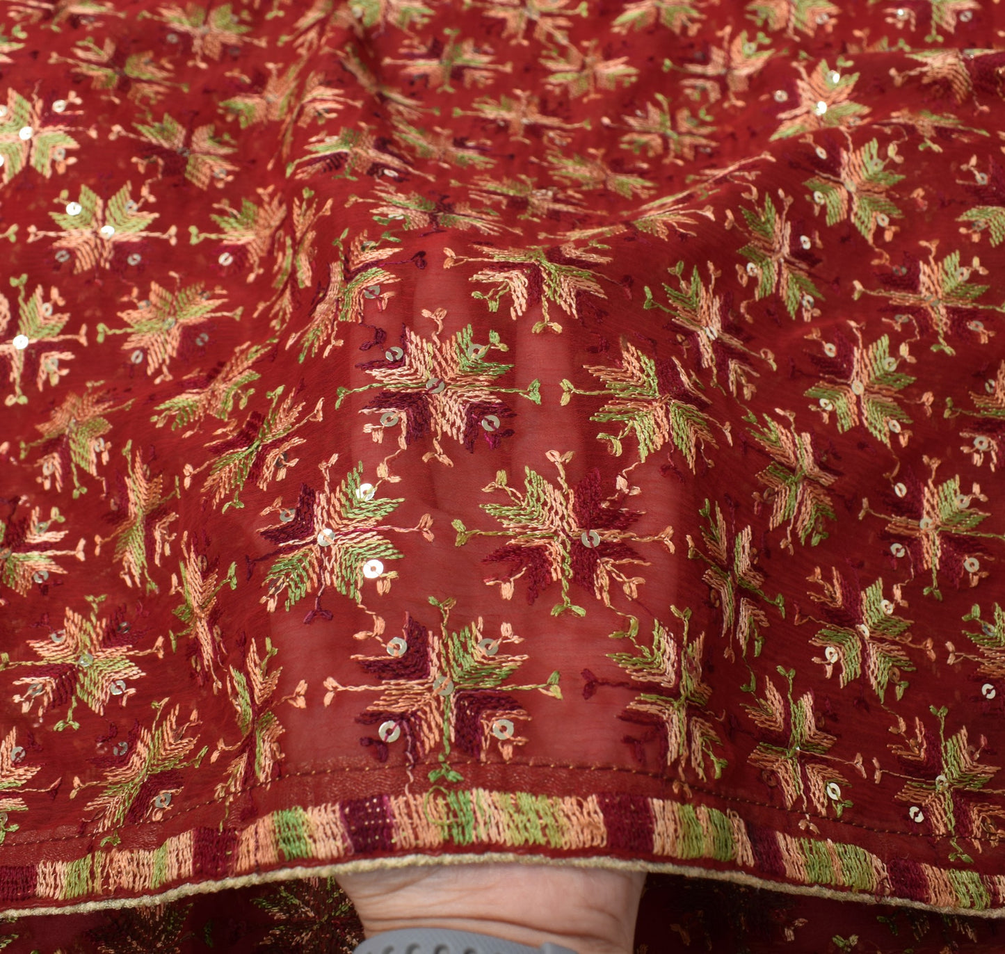 Sushila Vintage Maroon Dupatta Art Chiffon Silk Bagh Phulkari HRAVY Long Stole