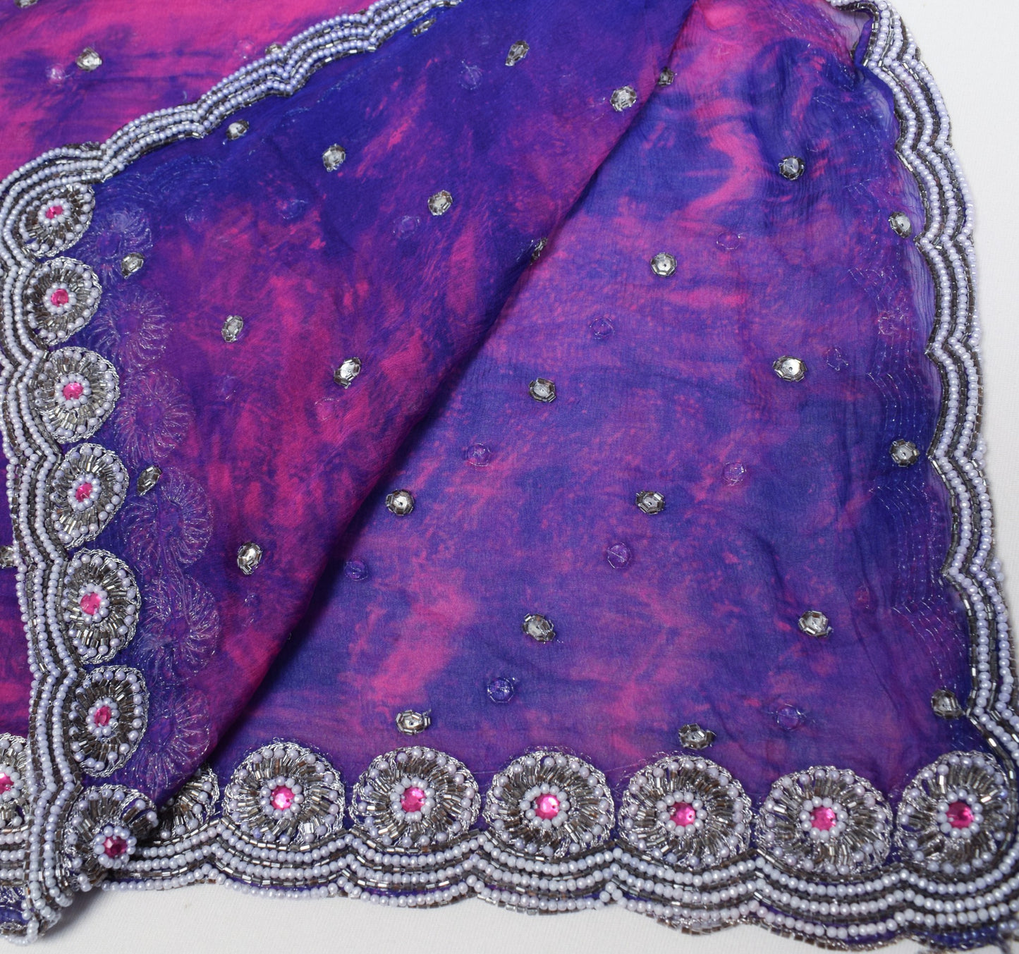 Sushila Vintage Blue Tie-Dye Dupatta with Cutwork Border Pure Chiffon Long Stole
