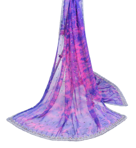 Sushila Vintage Blue Tie-Dye Dupatta with Cutwork Border Pure Chiffon Long Stole