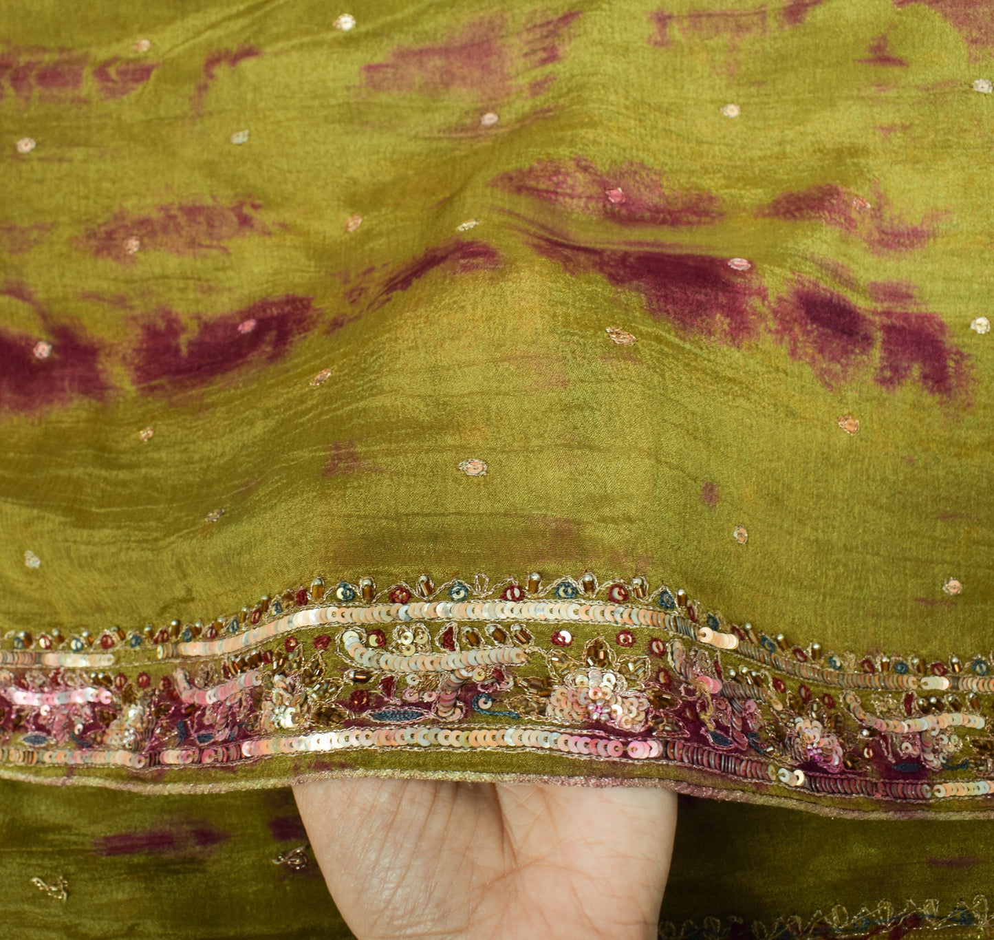 Sushila Vintage Green Tie-Dye Dupatta Zari Embroidered Pure Chiffon Long Stole