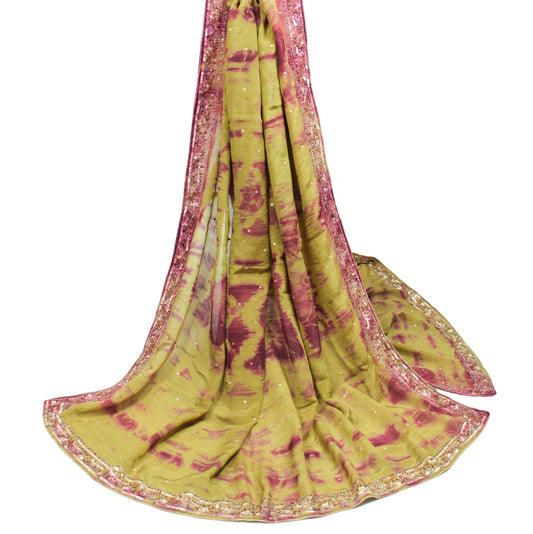 Sushila Vintage Green Tie-Dye Dupatta Zari Embroidered Pure Chiffon Long Stole