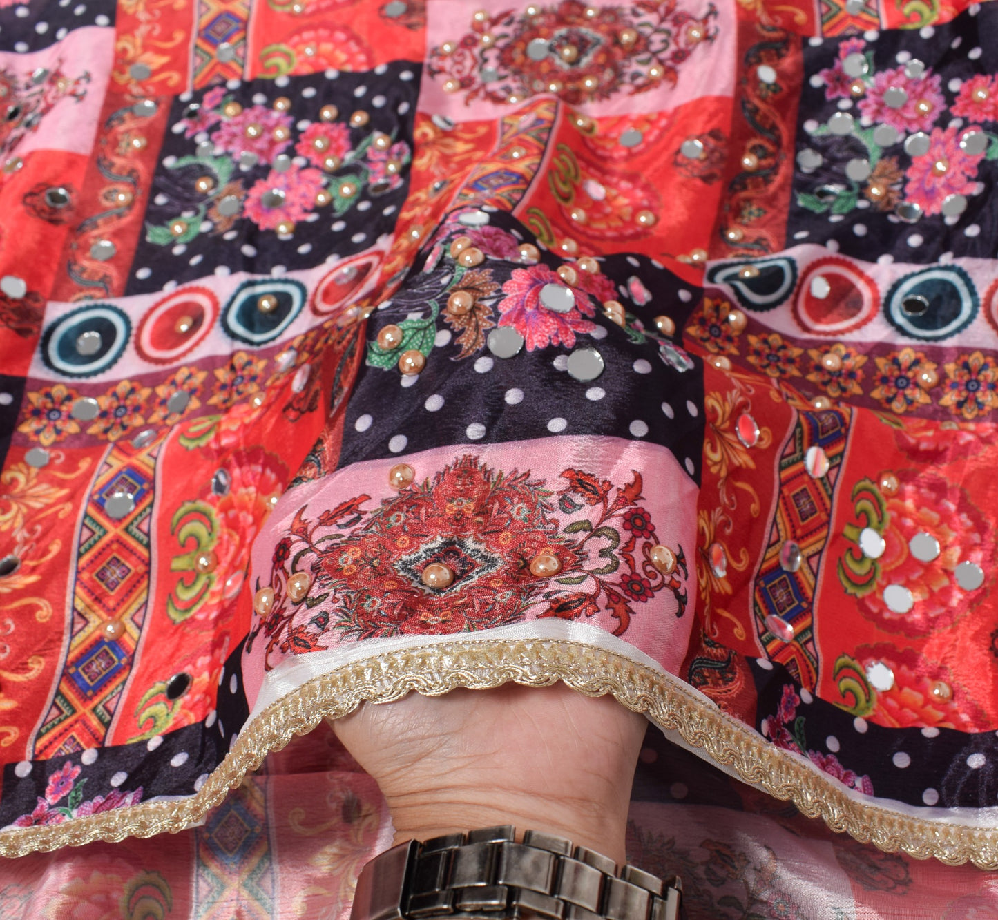 Sushila Vintage Abla Work Dupatta Chinnon Silk Mirror Beaded HEAVY Long Stole