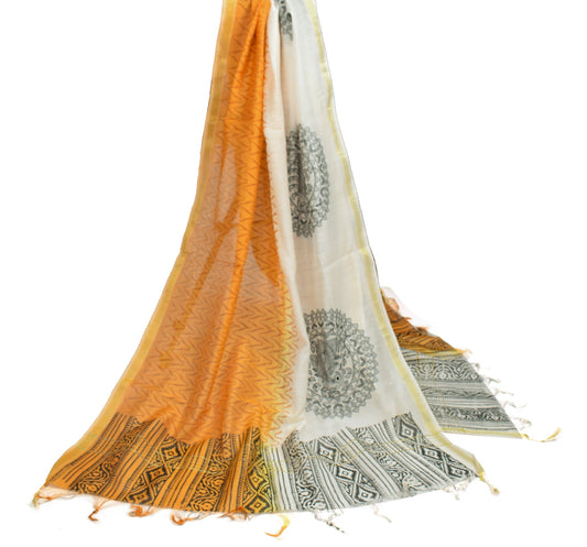 Sushila Vintage White Mustard Dupatta Pure Cotton Silk Hand Printed Long Stole