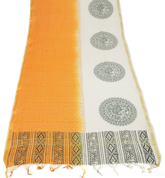Sushila Vintage White Mustard Dupatta Pure Cotton Silk Hand Printed Long Stole