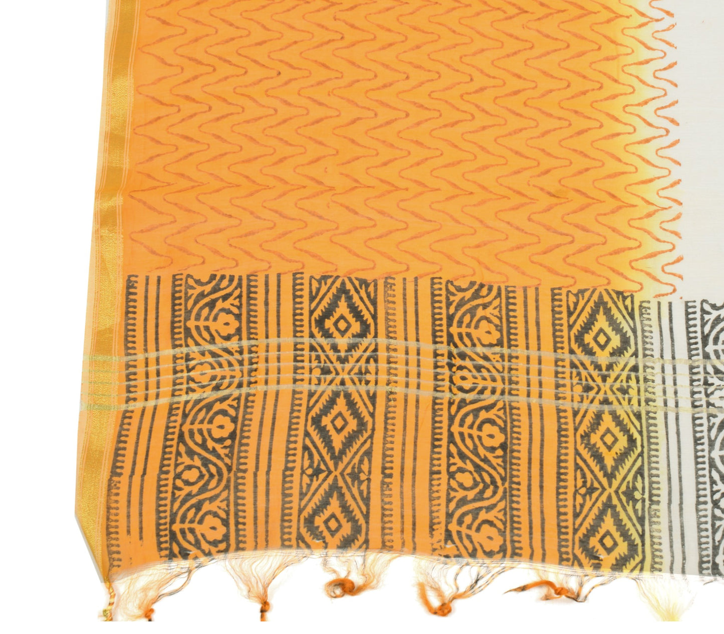 Sushila Vintage White Mustard Dupatta Pure Cotton Silk Hand Printed Long Stole