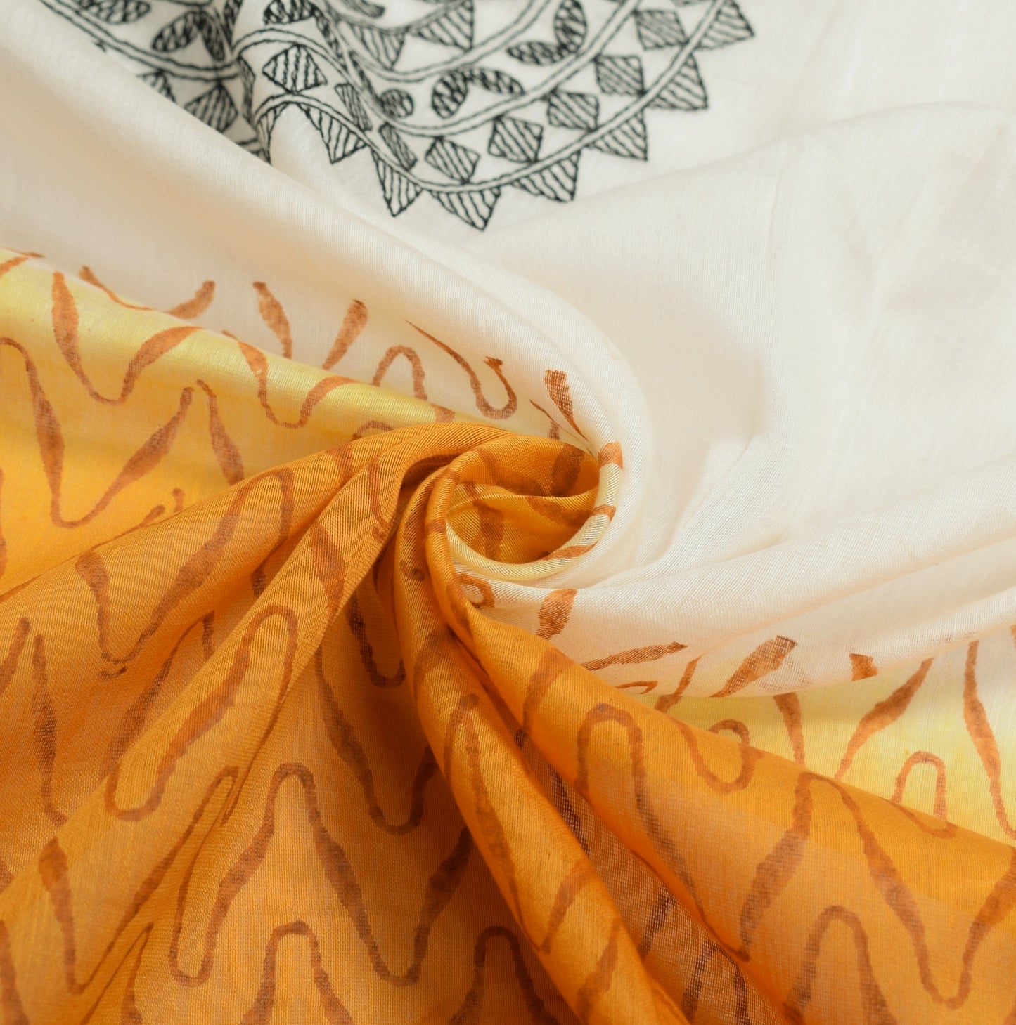 Sushila Vintage White Mustard Dupatta Pure Cotton Silk Hand Printed Long Stole
