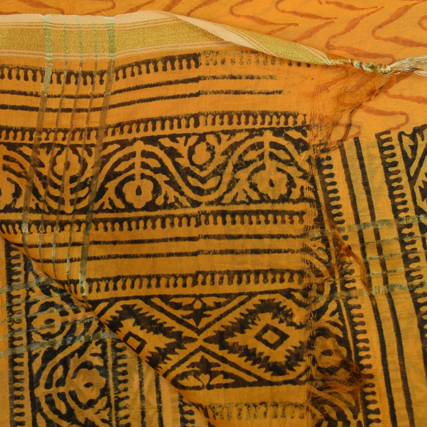 Sushila Vintage White Mustard Dupatta Pure Cotton Silk Hand Printed Long Stole