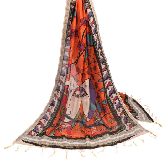 Sushila Vintage Madhubani Hand Print Dupatta Orange Oure Cotton Silk Long Stole