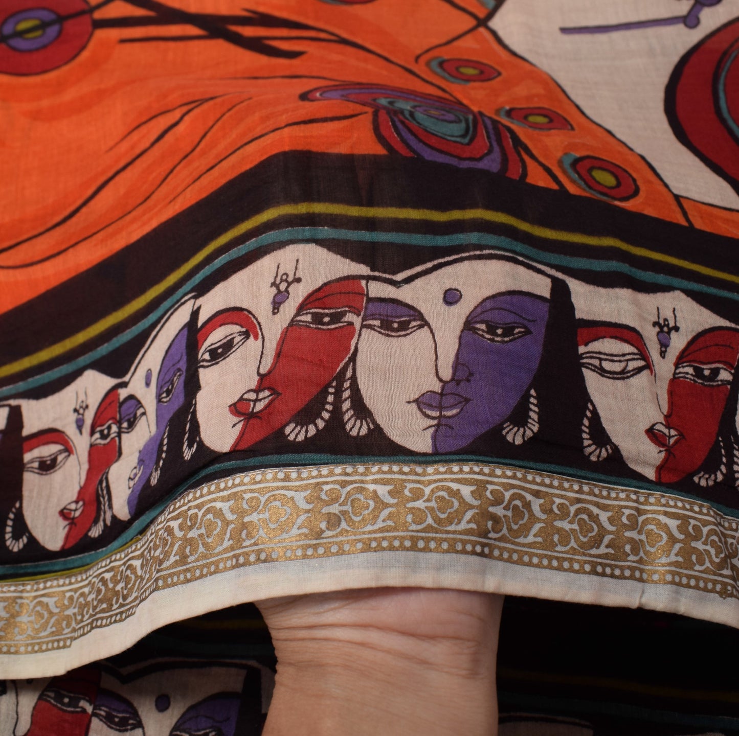 Sushila Vintage Madhubani Hand Print Dupatta Orange Oure Cotton Silk Long Stole